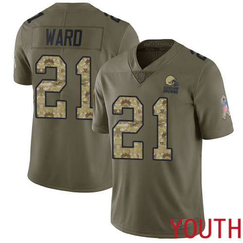 Cleveland Browns Denzel Ward Youth Olive Camo Limited Jersey #21 NFL Football 2017 Salute To Service->youth nfl jersey->Youth Jersey
